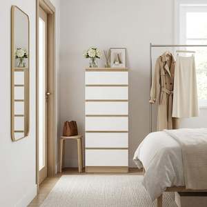 Harris 6 Drawers Slim Tallboy - Oak + White