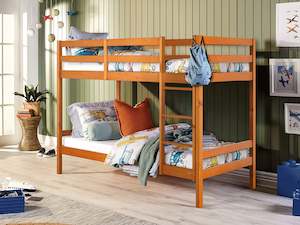 Kids Beds: Maroon Single Wooden Bunk Bed Frame - Oak