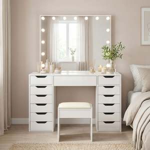Block Promotion 4: Lustra 2 Piece Dressing Table with Mirror & Stool Set - White