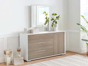 Bedroom: Waipoua 4 Drawer Low Boy with Mirror- GREY OAK