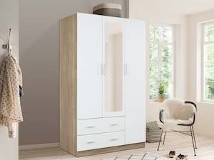 Bram 3 Door Wardrobe Cabinet with Mirror - Oak + White