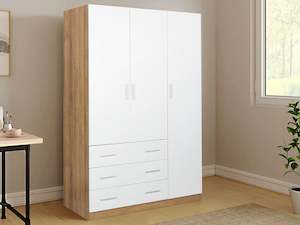 Wardrobe: Harris 3 Door Wardrobe with 3 Drawers - Oak+White