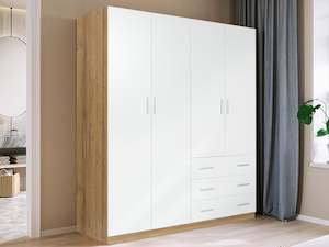 Wardrobe: Harris 4 Door Wardrobe with 3 Drawers - Oak+White