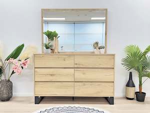 Dressers: Frohna Low Boy 6 Drawers Chest Dresser with Mirror - Oak