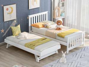 Single Bedframes: HOBSON Single Wooden Trundle Bed Frame - WHITE