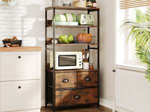 Whitby 4 Tier Storage Shelf with Drawers - Rustic Brown