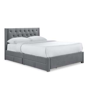 Queen Beds: Thornton Queen Fabric Bed Frame with 4 Drawers - Light Grey