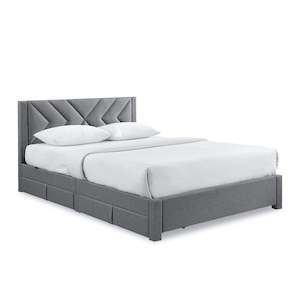 Queen Beds: Haydon Queen Fabric Bed Frame with 4 Drawers - Light Grey