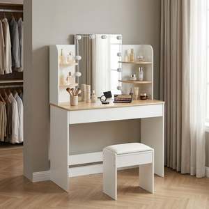 Products: Celosia 2 Piece Dressing Table with Mirror & Stool Set - White + Natural