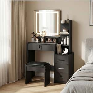 Products: Gardenia 2 Piece Dressing Table with Mirror & Stool Set – Black