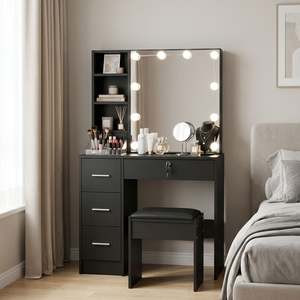 Products: Freesia 2 Piece Dressing Table with Mirror &Stool Set – Black
