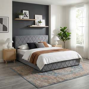 Queen Beds: Dima Velvet Queen Gas Lift Bed Frame - Grey