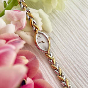 Seiko Ladies Teardrop Watch with Two Tone Leaf Link Bracelet and White Dial