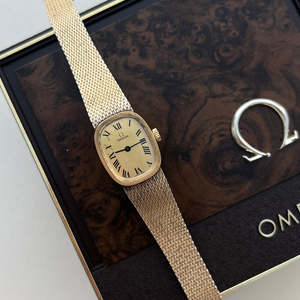 Omega 14k Gold Filled Women's Watch with Roman Dial and Mesh Bracelet