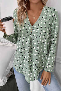 Tops/Blouses & Shirts: White Polka Dot Print Button Front V Neck Blouse