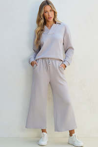 Two Piece Sets/Pant Sets: Light Grey Solid Textured Collared V Neck Top and Wide Leg Pants Set