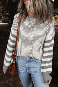 Sweaters & Cardigans/Sweaters: Gray Stripe Geometric Textured Drop Shoulder Sweater