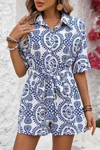 Bottoms/Jumpsuits & Rompers: Blue Mandala Printed Short Sleeve Belted Shirt Romper