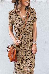 Dresses/Midi Dresses: Khaki Leopard Turn-Down Collar Slit Midi Dress