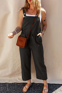 Bottoms/Jumpsuits & Rompers: Black Drawstring Buttoned Straps Cropped Overall