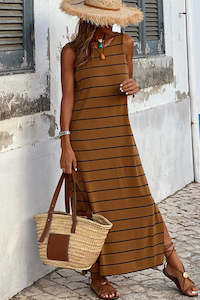 Dresses/Maxi Dresses: Brown Stripe Print Open Back Sleeveless Maxi Dress with Slits