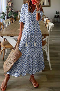 Dresses/Maxi Dresses: Sky Blue V Neck Casual Geometric Print Maxi Dress