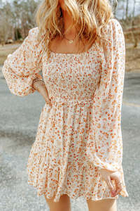 Dresses/Floral Dresses: Apricot Boho Floral Smocked Puff Sleeve Mini Dress