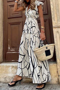Dresses/Maxi Dresses: White Abstract Vein Print V Neck Ruffle Maxi Dress
