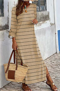 Dresses/Maxi Dresses: Apricot Striped Casual Slit Long Dress