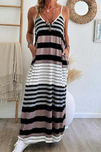 Dresses/Maxi Dresses: Multicolour Mixed Stripes Spaghetti Straps V Neck Maxi Dress