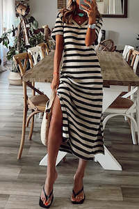 Dresses/Maxi Dresses: Black Stripe Print V Neck Maxi Dress with Side Splits