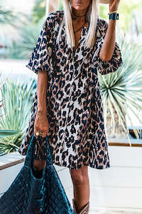 Black Leopard Puff Sleeve Buttons Front Shirt Dress