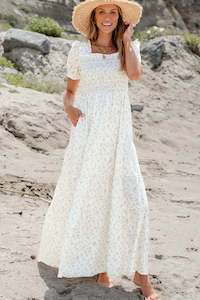 White Frilly Shirred Bodice Tiered Floral Maxi Dress