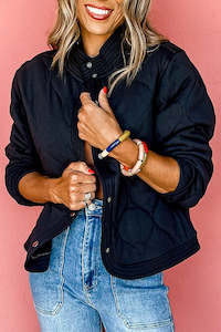 Amberley1971: Black Solid Color Quilted Snap Button Jacket