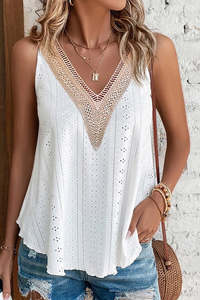 Amberley1971: White Lace Crochet Splicing V Neck Loose Fit Tank Top