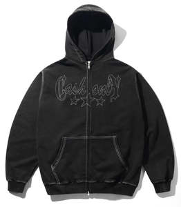 Hoodies Crew Sweatshirts: Cash Only Strip Zip Thru Hoodie / Washed Black