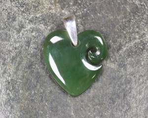 NZ Greenstone Sterling Silver Small Koru Heart Pendant (BM497) Kawakawa Pounamu