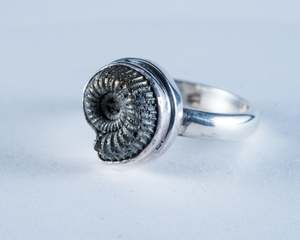 Gemstone Jewellery: Ammonite Pyrite Sterling Silver Ring Size 7 (S616)
