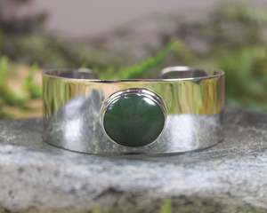 NZ Greenstone Sterling Silver Cuff Bangle (AZ011) Hapopo Pounamu