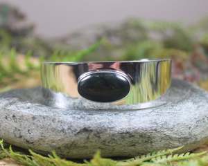 NZ Greenstone Sterling Silver Cuff Bangle (AZ013) Kawakawa Pounamu