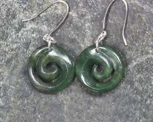 NZ Greenstone Koru Earrings (BK149) Hapopo Pounamu