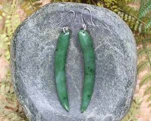 NZ Greenstone Large Huia Beak Earrings (BH535) Hapopo Pounamu