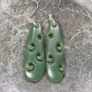 Earrings: NZ Greenstone Medium Roimata with Koru Earrings (BN357) Hapopo Pounamu