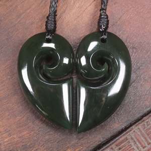 NZ Greenstone Small Matching Pair of Koru Heart Pendants (BP113) Kawakawa Pounamu