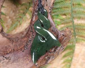 Pounamu Hei Matau Whale Tails: NZ Greenstone Large Whale Tail Pendant (BH247) Kawakawa Pounamu