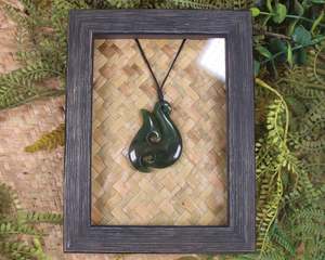 Pounamu Hei Matau Whale Tails: NZ Greenstone Framed Matau Pendant (BM657) Kawakawa Pounamu