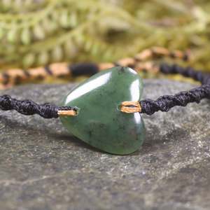 NZ Greenstone Adjustable Cord Heart Bracelet (BN380) Hapopo Pounamu