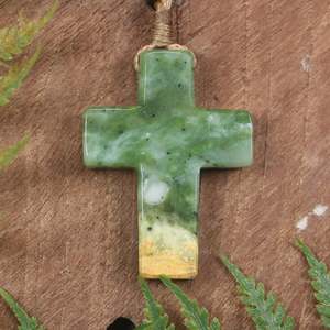 NZ Greenstone Medium Cross Pendant (BP671) Flower Jade Pounamu