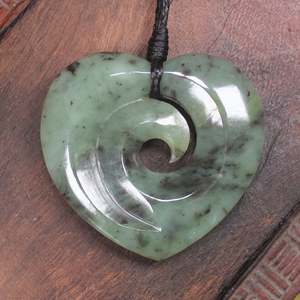 NZ Greenstone Medium Koru Heart Pendant (BP598) Hapopo Pounamu