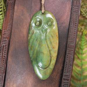NZ Greenstone Large Ruru Owl Pendant (BP737) Flower Jade Pounamu